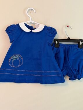The Proper Peony Bright Blue Pumpkin Embroidered Kids Dress with Bloomers